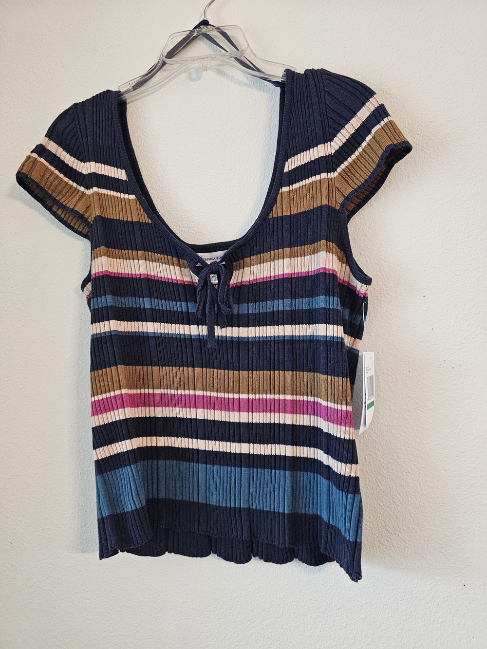 Jessica Simpson Navy Multi Striped Tie-Front Ribbed Top